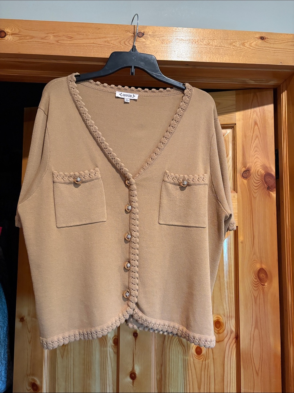 Nanette Lepore Tan Crochet-Trim Cardigan
